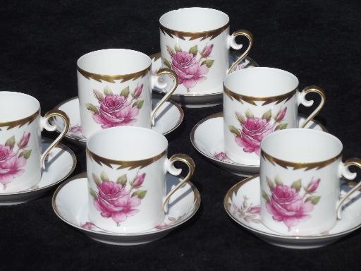 photo of vintage Hackefors Sweden espresso set, pink rose demitasse cups and saucers #1