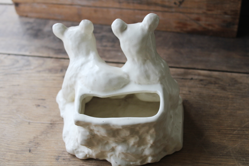 photo of vintage Haeger pottery planter, baby black bear cubs ivory white glaze  #3