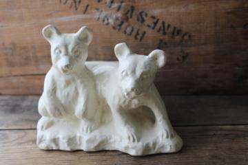catalog photo of vintage Haeger pottery planter, baby black bear cubs ivory white glaze 