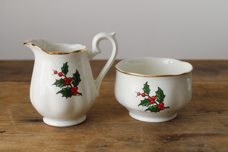 photo of vintage Hall China Christmas holly pattern cream pitcher & sugar bowl set  #1