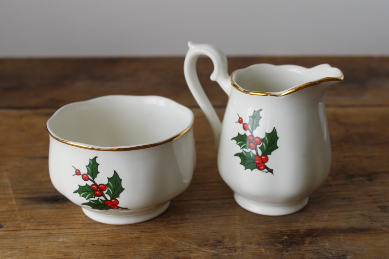 photo of vintage Hall China Christmas holly pattern cream pitcher & sugar bowl set #2