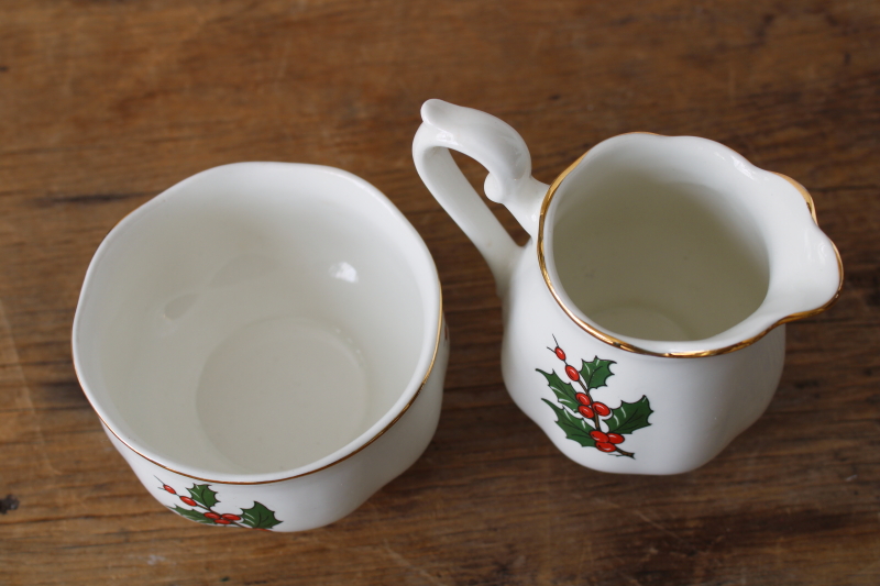 photo of vintage Hall China Christmas holly pattern cream pitcher & sugar bowl set #3