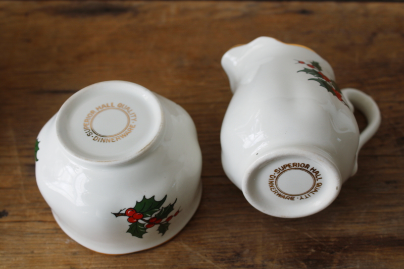 photo of vintage Hall China Christmas holly pattern cream pitcher & sugar bowl set #4
