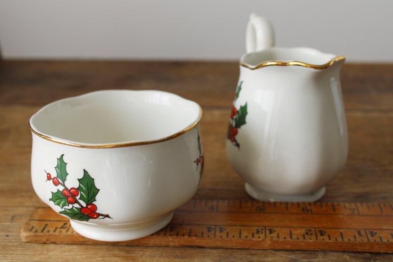 photo of vintage Hall China Christmas holly pattern cream pitcher & sugar bowl set #5
