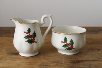 catalog photo of vintage Hall China Christmas holly pattern cream pitcher & sugar bowl set 