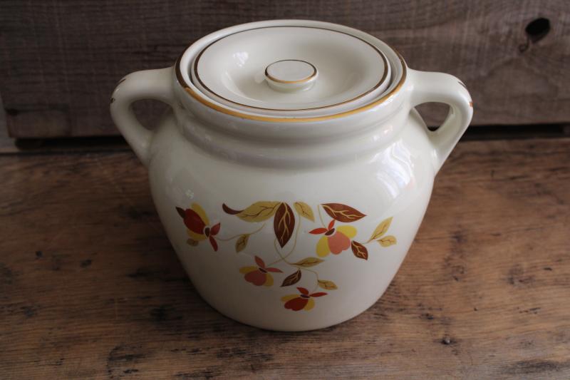 photo of vintage Hall Jewel Tea autumn leaf crock w/ lid, bean pot or cookie jar Jewel T #1