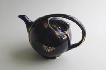 catalog photo of vintage Hall china Airflow streamlined shape teapot, cobalt blue w/ gold 