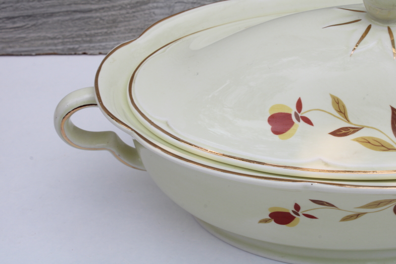 photo of vintage Hall china autumn leaf Jewel Tea pattern oval vegetable serving bowl w/ lid #2