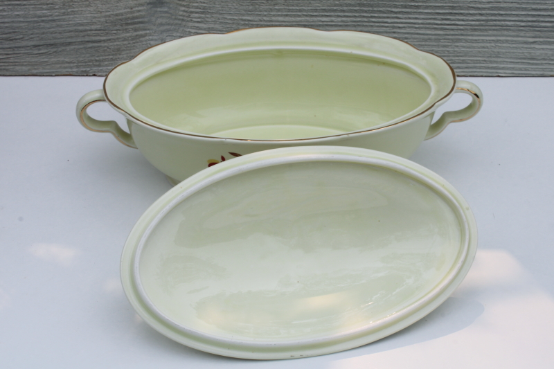 photo of vintage Hall china autumn leaf Jewel Tea pattern oval vegetable serving bowl w/ lid #3