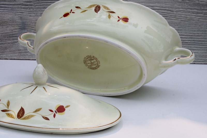 photo of vintage Hall china autumn leaf Jewel Tea pattern oval vegetable serving bowl w/ lid #5