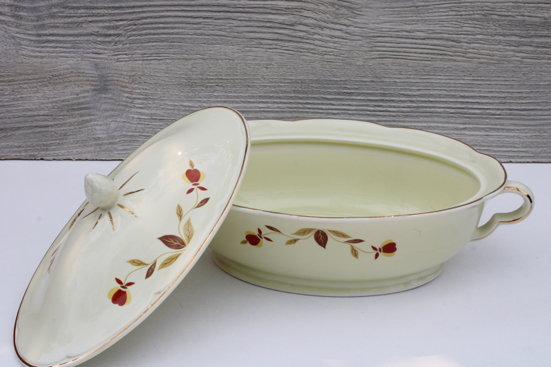 photo of vintage Hall china autumn leaf Jewel Tea pattern oval vegetable serving bowl w/ lid #7