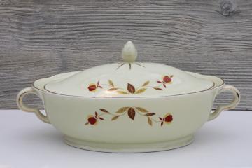 catalog photo of vintage Hall china autumn leaf Jewel Tea pattern oval vegetable serving bowl w/ lid