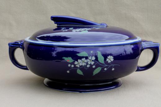 photo of vintage Hall china cobalt blue garden pattern casserole w/ art deco shape #1