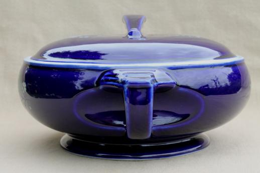 photo of vintage Hall china cobalt blue garden pattern casserole w/ art deco shape #2