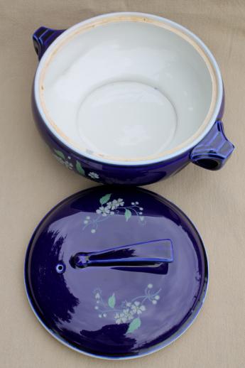 photo of vintage Hall china cobalt blue garden pattern casserole w/ art deco shape #4