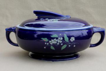 catalog photo of vintage Hall china cobalt blue garden pattern casserole w/ art deco shape