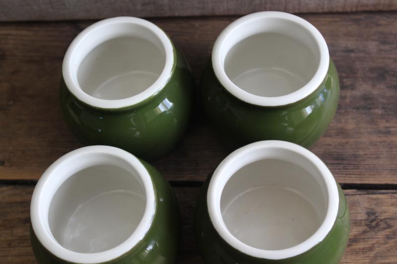 photo of vintage Hall china forest green / white ironstone, set of 4 bakers bowls for baked beans #2