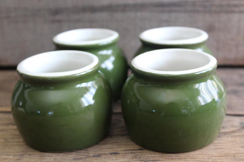 photo of vintage Hall china forest green / white ironstone, set of 4 bakers bowls for baked beans #3