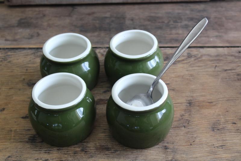 photo of vintage Hall china forest green / white ironstone, set of 4 bakers bowls for baked beans #5