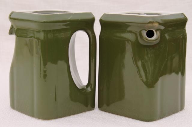 photo of vintage Hall china restaurant ware, individual coffee pots or square pitchers, green & white ironstone #1