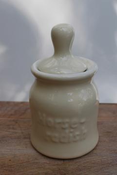 catalog photo of vintage Hall china restaurant ware ironstone Horseradish condiment jar w/ spoon lid