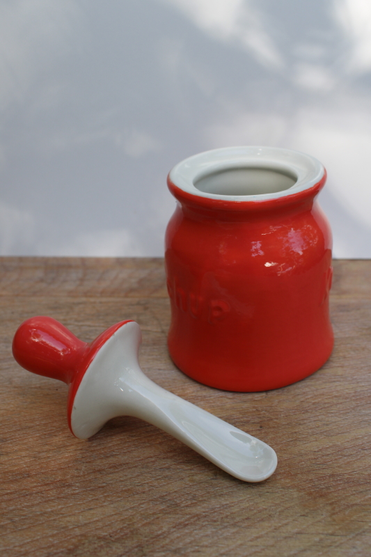 photo of vintage Hall china restaurant ware ironstone Ketchup condiment jar w/ spoon lid #2