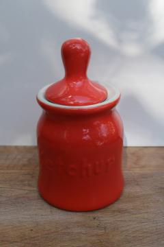 catalog photo of vintage Hall china restaurant ware ironstone Ketchup condiment jar w/ spoon lid