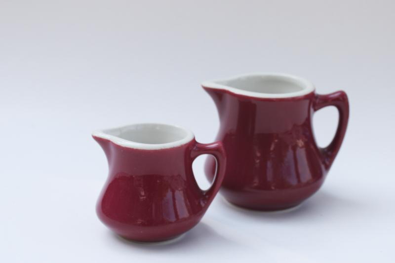 photo of vintage Hall restaurant china maroon / white ironstone individual creamers mini pitchers #1