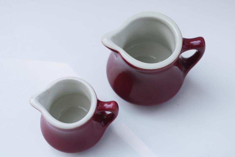 photo of vintage Hall restaurant china maroon / white ironstone individual creamers mini pitchers #2