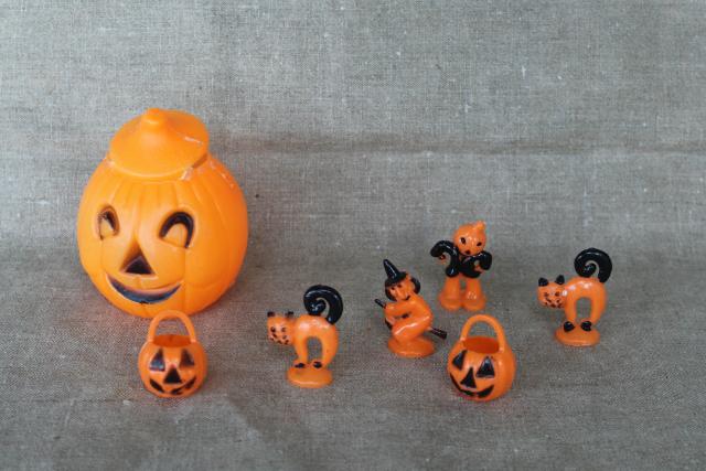 photo of vintage Halloween, Hong Kong hard plastic cupcake topper toys & jack-o-lantern candy container #1