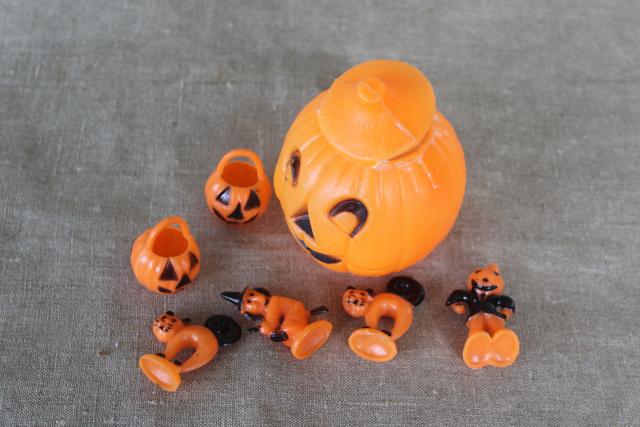 photo of vintage Halloween, Hong Kong hard plastic cupcake topper toys & jack-o-lantern candy container #6