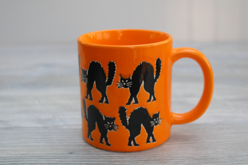 photo of vintage Halloween black cat orange ceramic mug, Relpo coffee cup w/ scaredy cats #1