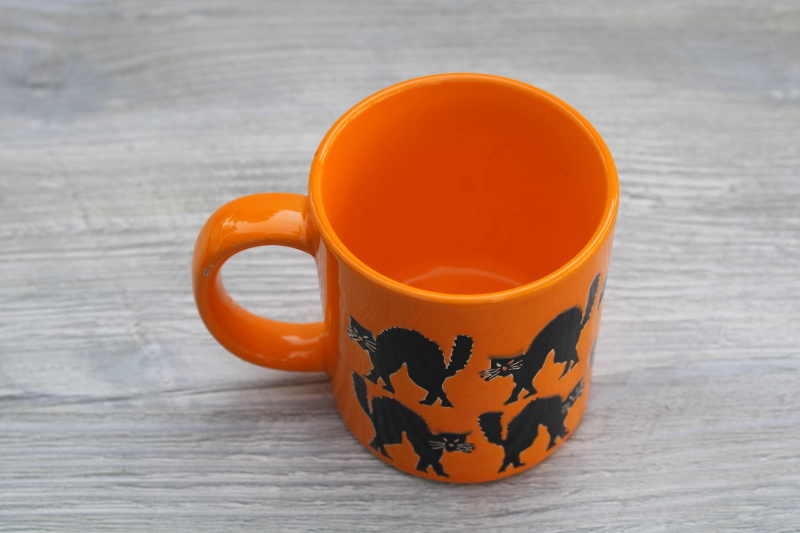 photo of vintage Halloween black cat orange ceramic mug, Relpo coffee cup w/ scaredy cats #4