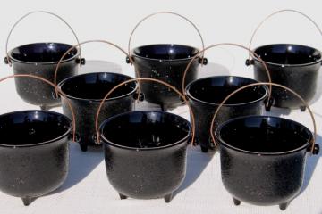 catalog photo of vintage Halloween black milk glass witch cauldron bowls or candy containers, set of 8