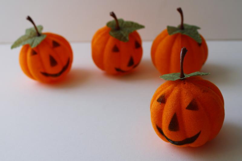 photo of vintage Halloween decorations, flocked plastic jack-o-lantern face pumpkins #2