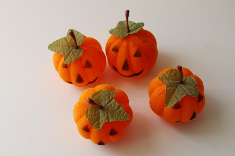 photo of vintage Halloween decorations, flocked plastic jack-o-lantern face pumpkins #4