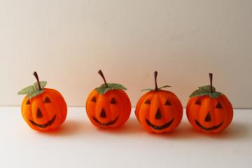 catalog photo of vintage Halloween decorations, flocked plastic jack-o-lantern face pumpkins