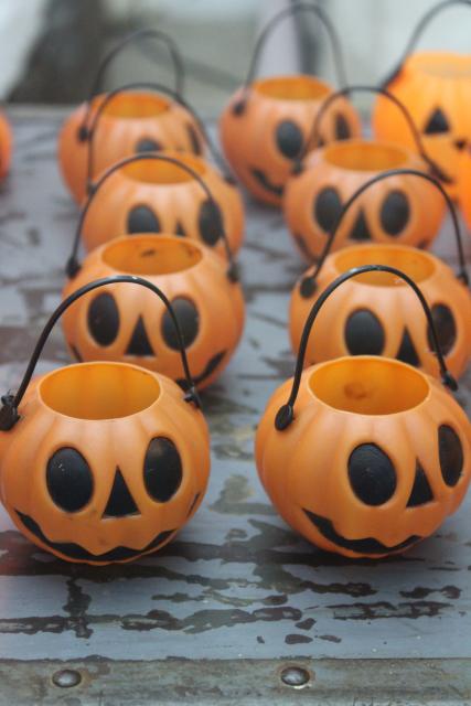 photo of vintage Halloween jack o lantern pumpkins - blow mold light, trick or treat pails #14