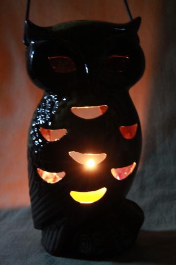 photo of vintage Halloween lantern, large ceramic owl candle lamp fairy light #2