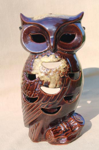 photo of vintage Halloween lantern, large ceramic owl candle lamp fairy light #3