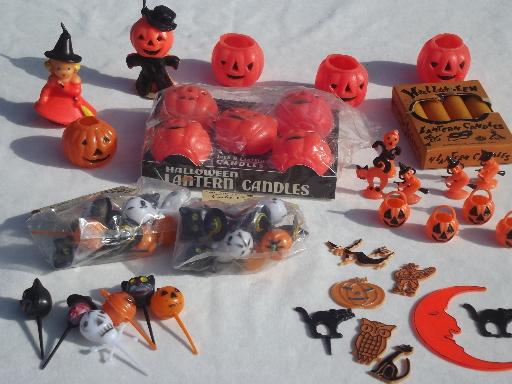 photo of vintage Halloween party decorations lot, cupcake toppers & pumpkin candles #1