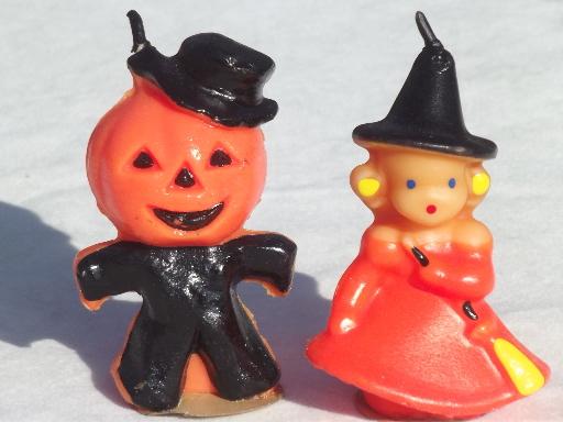 photo of vintage Halloween party decorations lot, cupcake toppers & pumpkin candles #5