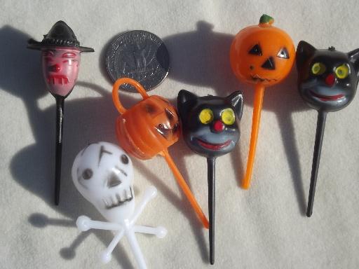 photo of vintage Halloween party decorations lot, cupcake toppers & pumpkin candles #8