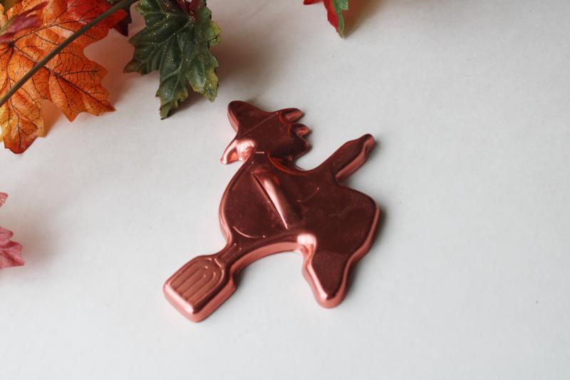photo of vintage Halloween witch flying broomstick, copper colored aluminum cookie cutter #1