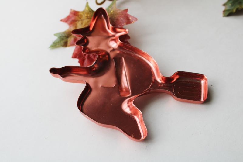 photo of vintage Halloween witch flying broomstick, copper colored aluminum cookie cutter #4