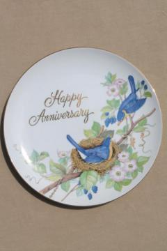 catalog photo of vintage Happy Anniversary gift china plate w/ blue birds, bluebirds of happiness