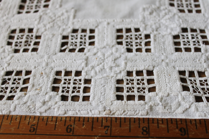 photo of vintage Hardanger embroidery, hand stitched table mat square white on white drawn thread openwork  #2