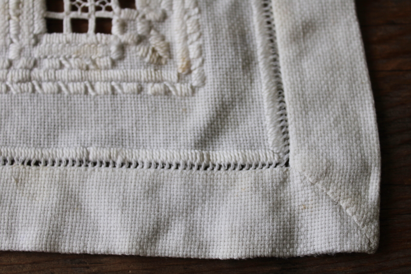 photo of vintage Hardanger embroidery, hand stitched table mat square white on white drawn thread openwork  #3