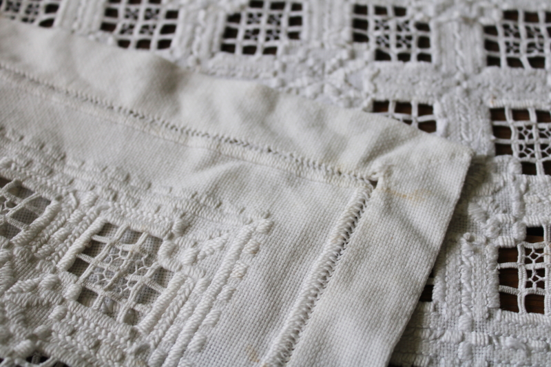 photo of vintage Hardanger embroidery, hand stitched table mat square white on white drawn thread openwork  #5