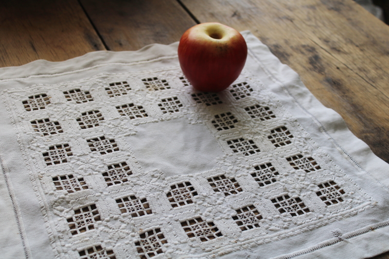 photo of vintage Hardanger embroidery, hand stitched table mat square white on white drawn thread openwork  #6